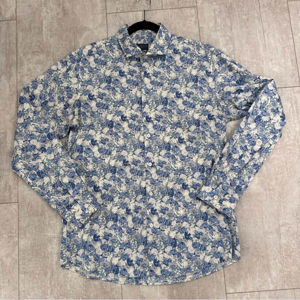 Grand Frank men’s button up blue Floral Long Sleeve Shirt 43/44 17.5 cotton